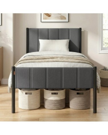 Lit simple acier 90 x 190 cm chambre tête de lit capitonnée gris