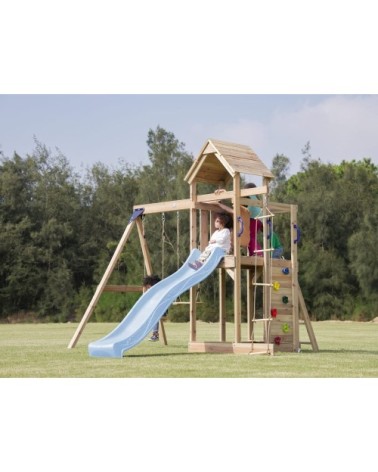 Aire de jeux avec toboggan, balançoire & échelle de corde, bleu