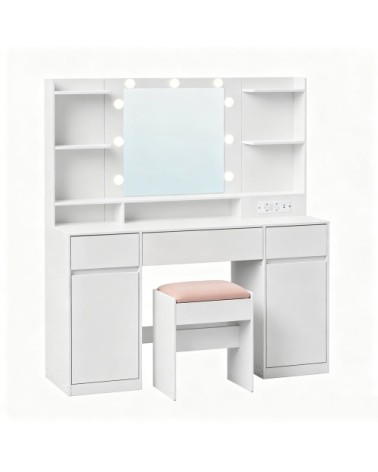 Coiffeuse avec miroir led tabouret 2 oplacards 3 tiroirs blanc