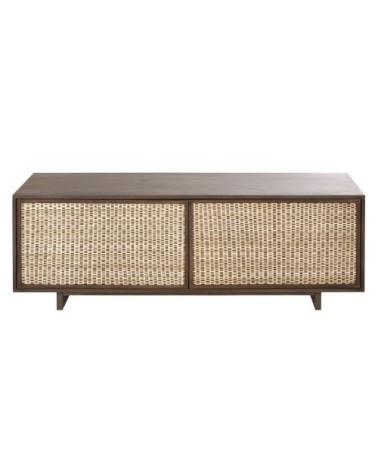 Meuble TV 2 portes 2 passes-câbles en bois de manguier et cannage en rotin