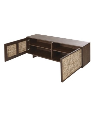 Meuble TV 2 portes 2 passes-câbles en bois de manguier et cannage en rotin