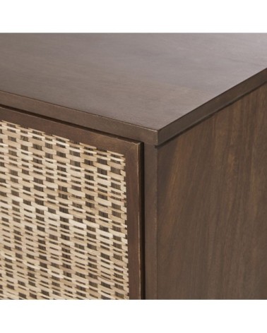 Meuble TV 2 portes 2 passes-câbles en bois de manguier et cannage en rotin