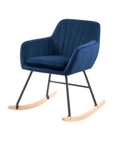 Rocking-chair en velours bleu et pieds en métal et bois