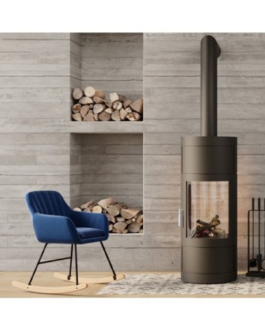 Rocking-chair en velours bleu et pieds en métal et bois