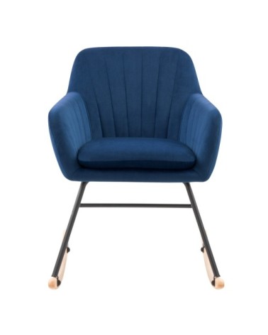 Rocking-chair en velours bleu et pieds en métal et bois