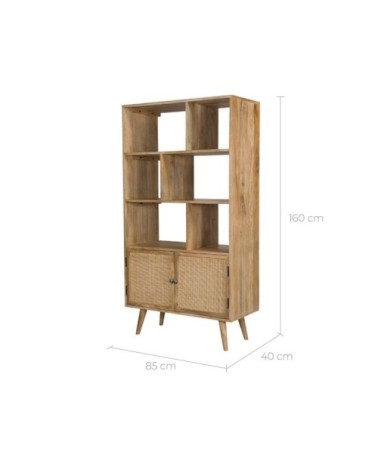 Etagère 6 niches 2 portes en cannage et bois de manguier