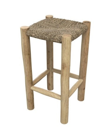 Tabouret de bar mi-hauteur 65 cm en jonc de mer et teck