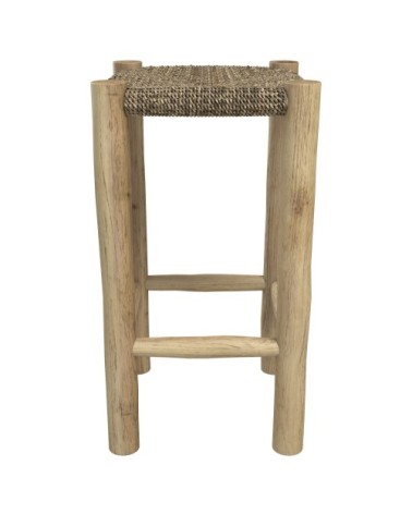 Tabouret de bar mi-hauteur 65 cm en jonc de mer et teck