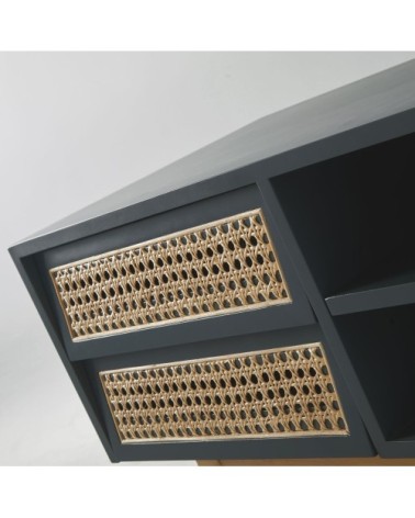 Meuble TV vintage 2 tiroirs en cannage vert de gris