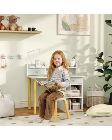 Bureau enfant avec chaise 2 tiroirs et étagères ouvertes bois vert