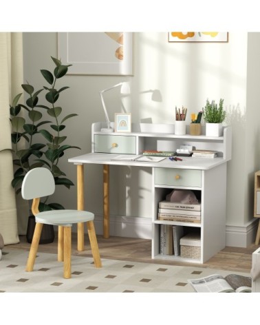 Bureau enfant avec chaise 2 tiroirs et étagères ouvertes bois vert