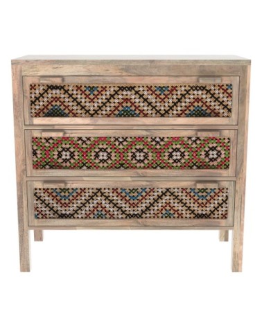 Commode 3 tiroirs en bois de manguier et cannage coloré