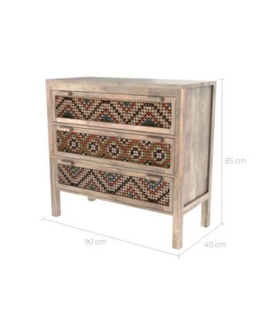 Commode 3 tiroirs en bois de manguier et cannage coloré
