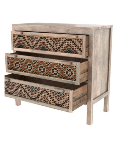 Commode 3 tiroirs en bois de manguier et cannage coloré
