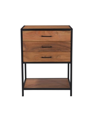 Petite commode 3 tiroirs en bois d'acacia et métal noir