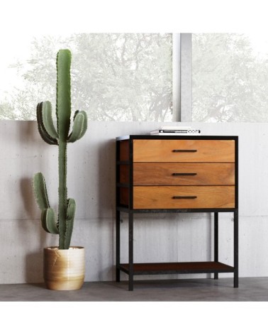 Petite commode 3 tiroirs en bois d'acacia et métal noir