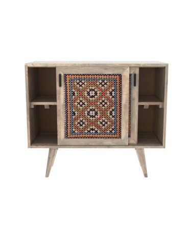 Commode 2 portes coulissantes en manguier et cannage coloré