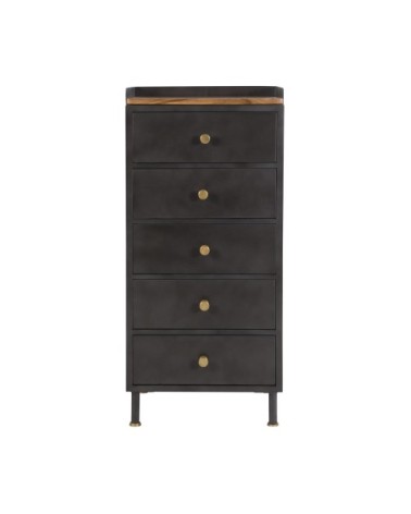 Chiffonnier 5 tiroirs en métal gris métallisé et bois de manguier