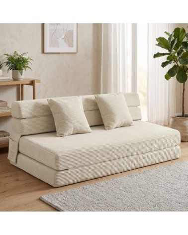 Canapé lit double pliable avec coussin velours côtelé crème