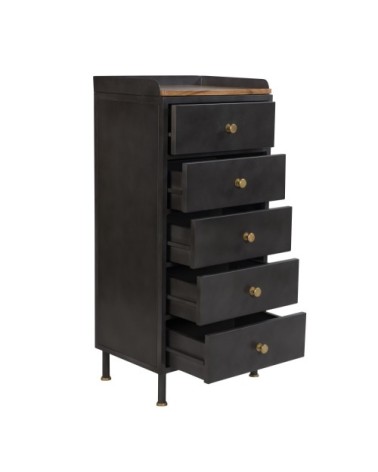 Chiffonnier 5 tiroirs en métal gris métallisé et bois de manguier