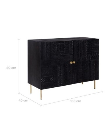 Commode 2 portes en bois gravé noir et métal doré