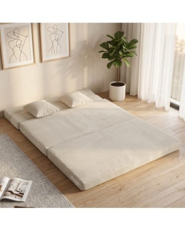 Canapé lit double pliable avec coussin velours côtelé crème