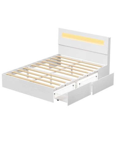 Lit double avec sommier et led 140 x 190cm 2 tiroirs coulissants blanc