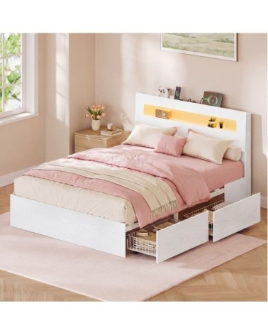 Lit double avec sommier et led 140 x 190cm 2 tiroirs coulissants blanc