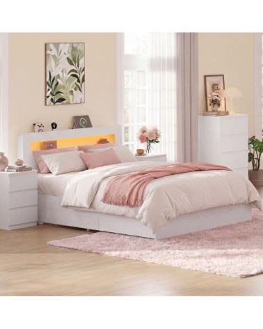 Lit double avec sommier et led 140 x 190cm 2 tiroirs coulissants blanc