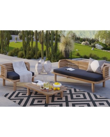 Banquette de jardin 2 places en teck et coussin gris