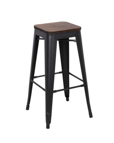 Tabouret de bar en acier gris et bois foncé