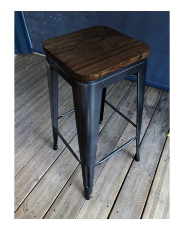 Tabouret de bar en acier gris et bois foncé