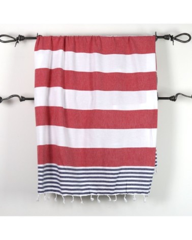 Fouta  100% coton avec franges marine et rouge 100x170cm