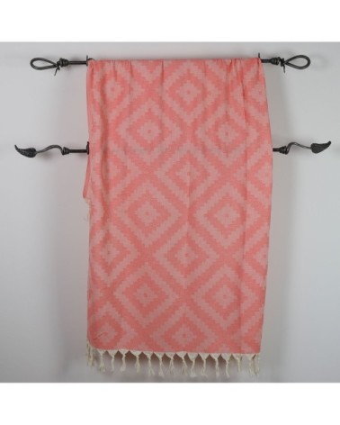 Fouta losanges 100% coton avec franges corail 100x170cm