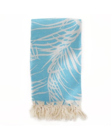 Fouta palmiers 100% coton avec franges turquoise 100x180cm