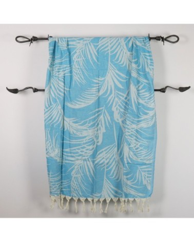 Fouta palmiers 100% coton avec franges turquoise 100x180cm