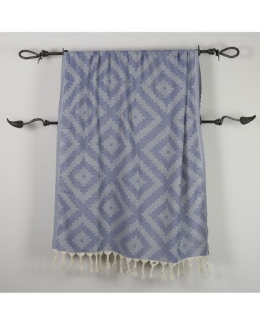 Fouta losanges 100% coton avec franges bleu jeans 100x170cm
