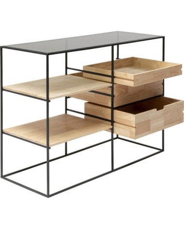 Console en acier, hévéa massif et verre teint