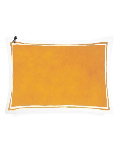 Coussin coton lavé blanc/moutarde 50x70