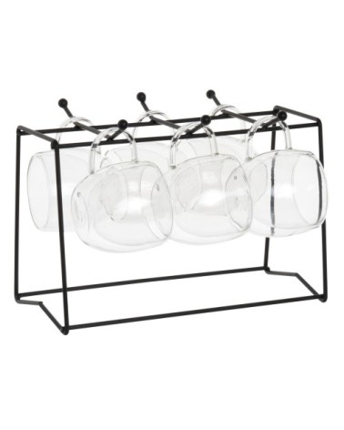 Tasses à café double paroi en verre transparent (x6) et support en métal noir