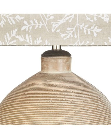 Lampe en terre cuite sculptée, bois de manguier et abat-jour en lin imprimé