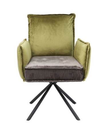 Chaise avec accoudoirs en velours vert, gris et acier