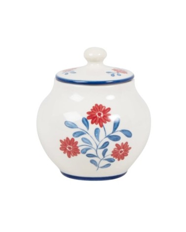 Pot à sucre en céramique blanche motif floral bleu et rouge