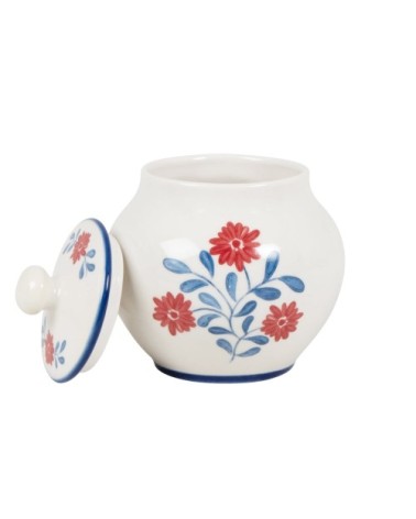 Pot à sucre en céramique blanche motif floral bleu et rouge