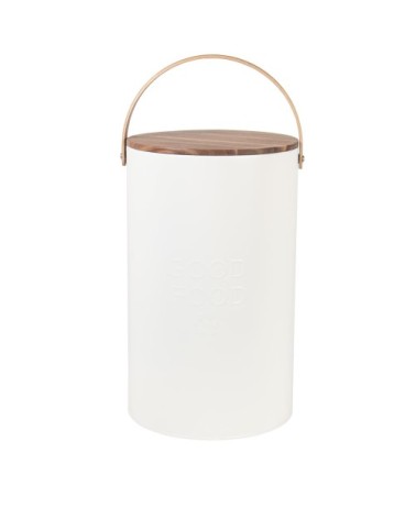 Boîte à croquettes en métal blanc cassé et couverble en bois d'acacia