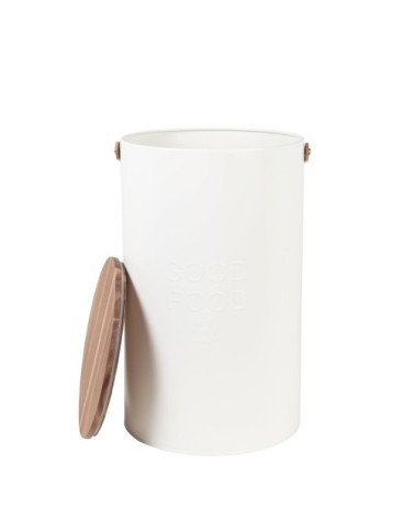 Boîte à croquettes en métal blanc cassé et couverble en bois d'acacia