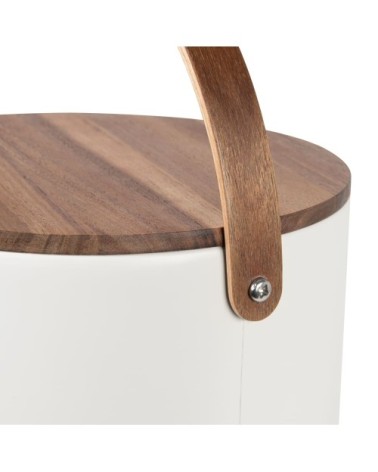 Boîte à croquettes en métal blanc cassé et couverble en bois d'acacia
