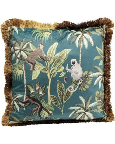 Coussin bleu imprimés singes et feuilles à franges 45x45