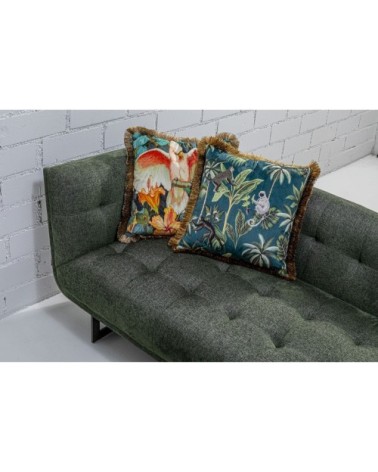 Coussin bleu imprimés singes et feuilles à franges 45x45