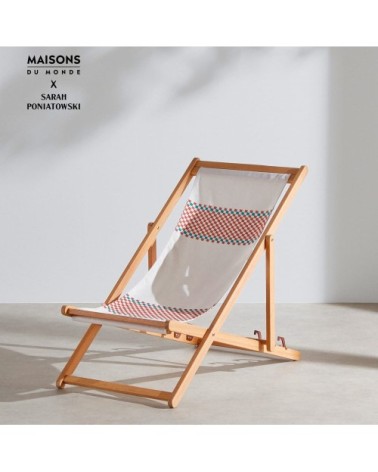 Chilienne en bois d'eucalyptus et toile recyclée écrue motif damier coloris rouille et turquoise